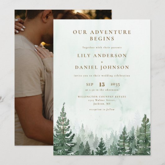 Our Adventure Rustic Pine Forest Photo Wedding Einladung (Vorne/Hinten)