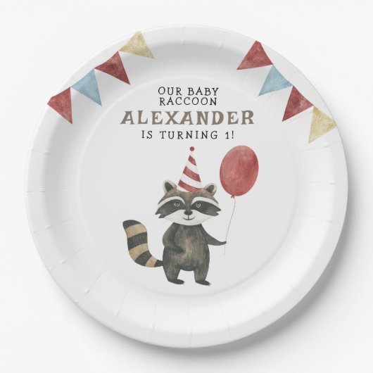 Our Baby Raccoon 1st Birthday Pappteller (Vorderseite)