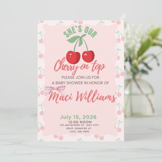Our Cherry on Top Baby Shower Invitation Einladung (Stehend Vorderseite)
