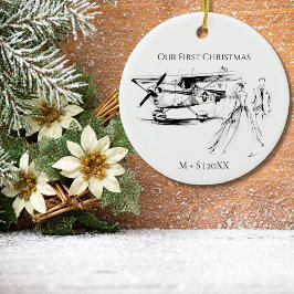 Our First Christmas Airplane Wedding Couple Photo Keramik Ornament