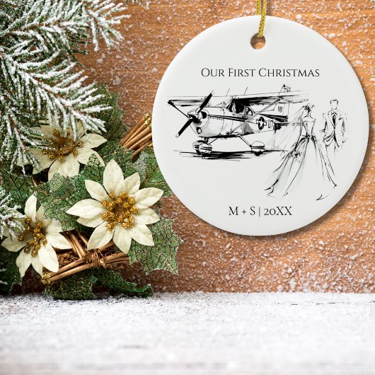 Our First Christmas Airplane Wedding Couple Photo Keramik Ornament