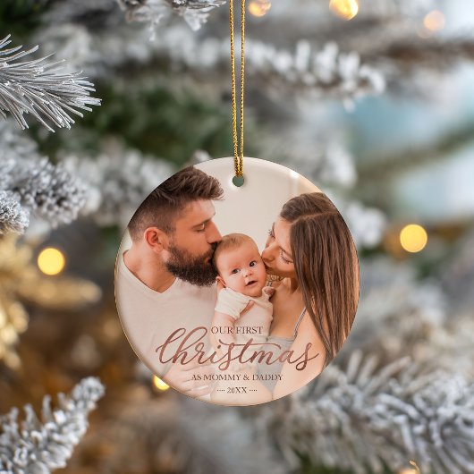 Our First Christmas as Mom and Dad Rose Gold Foil Keramik Ornament