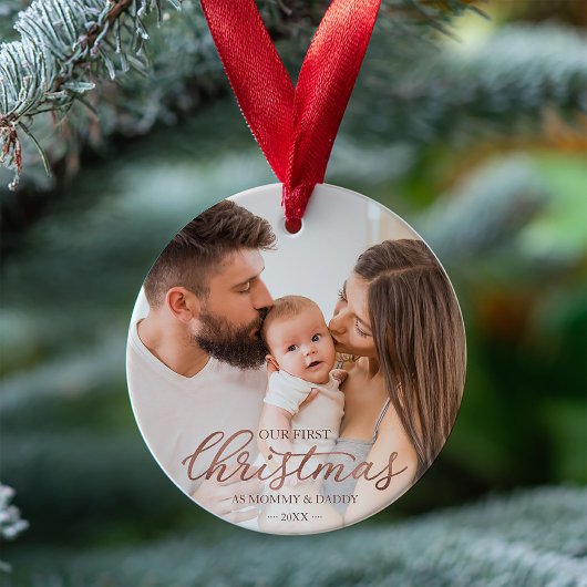 Our First Christmas as Mom and Dad Rose Gold Foil Ornament