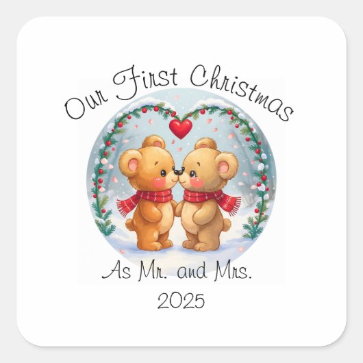 Our First Christmas as Mr. & Mrs. – 2025 Quadratischer Aufkleber (Vorderseite)