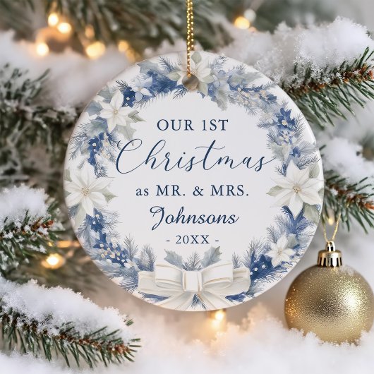 Our First Christmas as Mr Mrs Floral Wreath Keramik Ornament