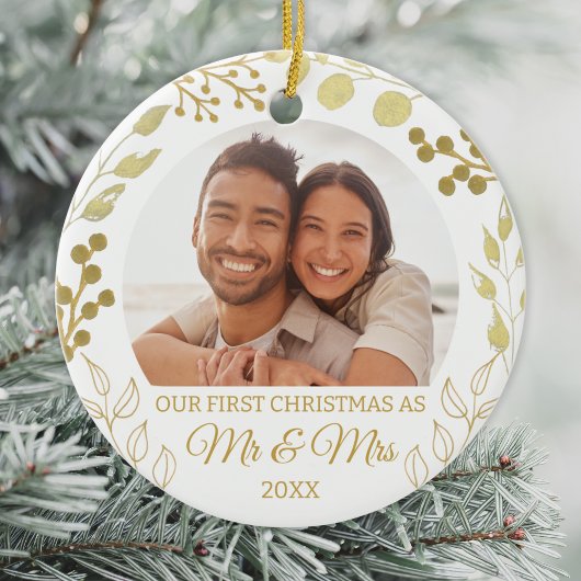 Our First Christmas As Mr & Mrs Gold Foliage Photo Keramik Ornament