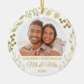 Our First Christmas As Mr & Mrs Gold Foliage Photo Keramik Ornament (Vorne)
