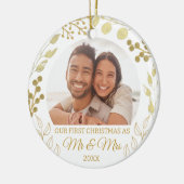 Our First Christmas As Mr & Mrs Gold Foliage Photo Keramik Ornament (Links)