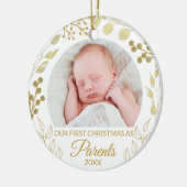 Our First Christmas As Parents Gold Foliage Photo Keramik Ornament (Links)