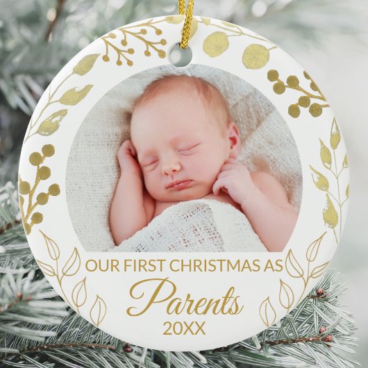 Our First Christmas As Parents Gold Foliage Photo Keramik Ornament
