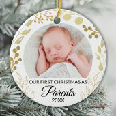 Our First Christmas As Parents Photo Gold Foliage Keramik Ornament