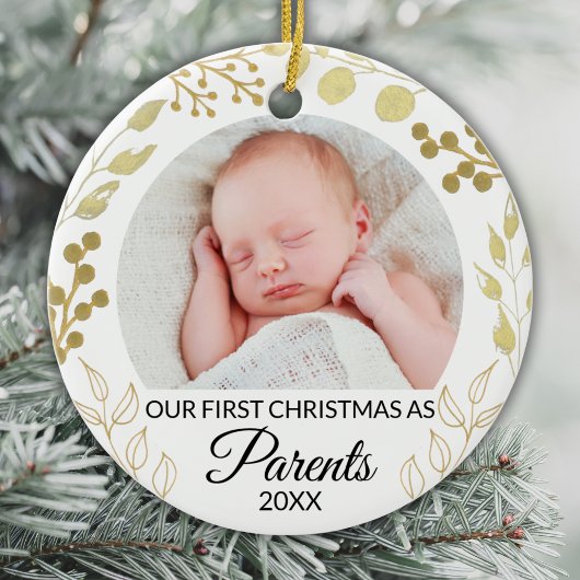 Our First Christmas As Parents Photo Gold Foliage Keramik Ornament