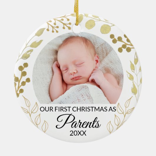 Our First Christmas As Parents Photo Gold Foliage Keramik Ornament (Hinten)