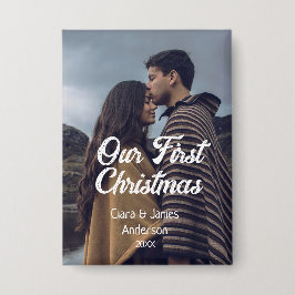 Our first Christmas couple photo name white gray Button