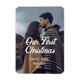 Our first Christmas couple photo name white gray Magnet