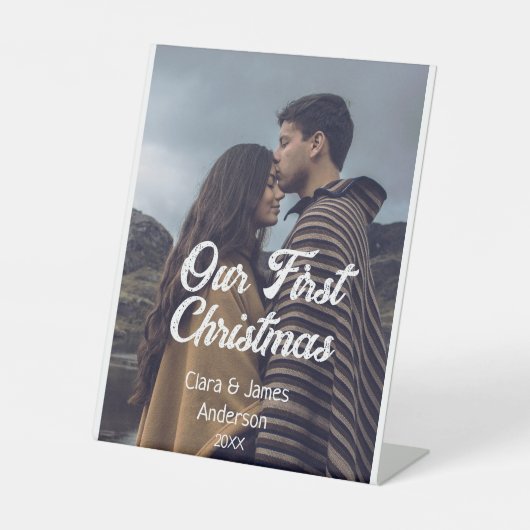 Our first Christmas couple photo name white gray Sockelschild (Vorderseite)