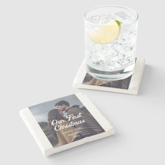 Our first Christmas couple photo name white gray Steinuntersetzer (Seitenansicht)