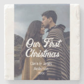 Our first Christmas couple photo name white gray Steinuntersetzer (Vorderseite)
