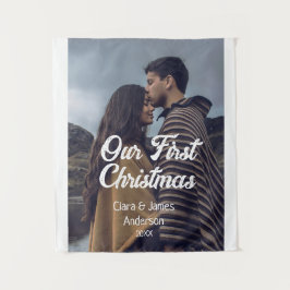 Our first Christmas couple photo name white gray Wandteppich