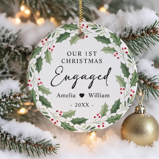 Our First Christmas Engaged Floral Greenery Wreath Keramik Ornament