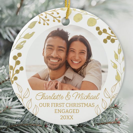 Our First Christmas Engaged Gold Foliage Photo Keramik Ornament