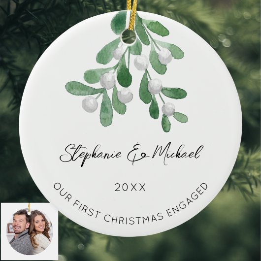 Our First Christmas Engaged Mistletoe Photo Cerami Keramik Ornament