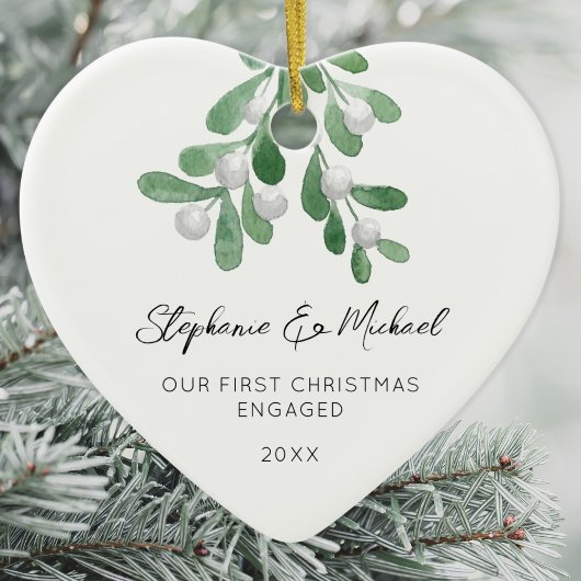 Our First Christmas Engaged Mistletoe Photo Heart Keramik Ornament