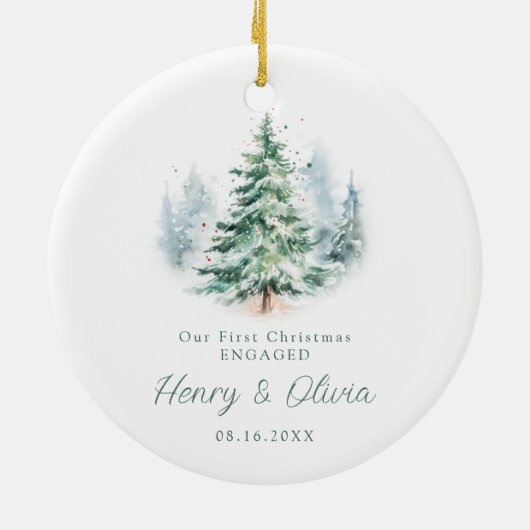 Our First Christmas Engaged Modern Script Tree Keramik Ornament (Hinten)