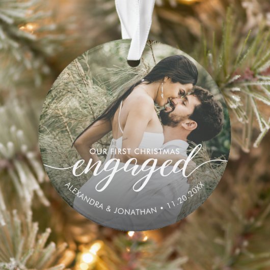 OUR First Christmas Engaged overlay Custom Photo Ornament (Baum)