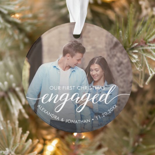 Our First Christmas Engaged Script Custom Photo Ornament (Baum)