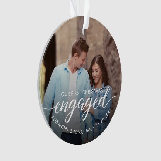 Our First Christmas Engaged Script Custom Photo Ornament (Vorderseite)