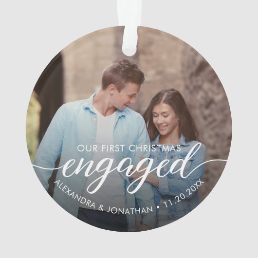 Our First Christmas Engaged Script Custom Photo Ornament (Rückseite)