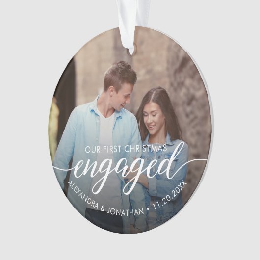 Our First Christmas Engaged Script Custom Photo Ornament (Vorderseite)