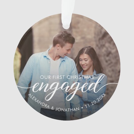 Our First Christmas Engaged Script Custom Photo Ornament (Vorderseite)
