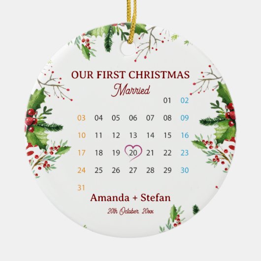 Our First Christmas Married Keepsake Calendar Keramik Ornament (Vorne)