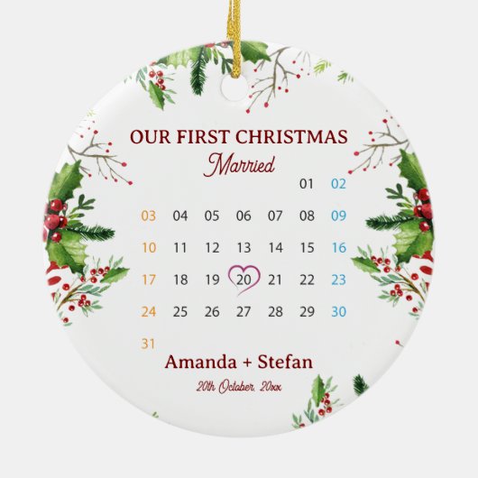 Our First Christmas Married  Keepsake Calendar Keramik Ornament (Hinten)