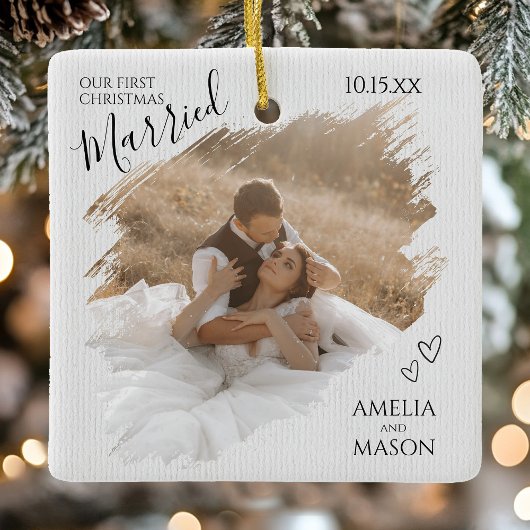 Our First Christmas Married Photo Brush Stroke Keramikornament