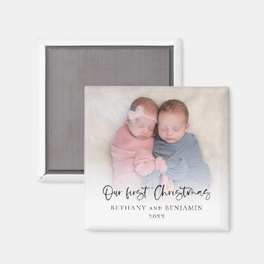 Our First Christmas Photo Script Twin Baby Names Magnet (Vorderseite/Rückseite)
