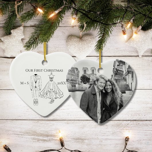 Our First Christmas Photo Wedding Dress Suit Cute Keramik Ornament