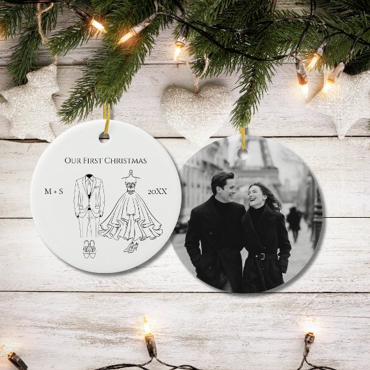 Our First Christmas Photo Wedding Dress Suit Cute Keramik Ornament