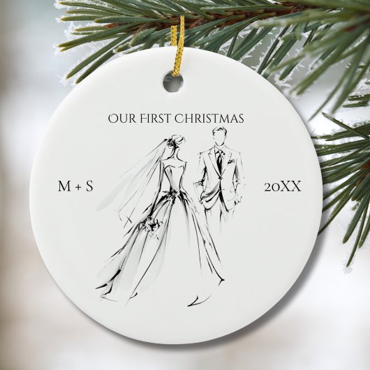 Our First Christmas Photo Wedding Dress Suit Cute Keramik Ornament