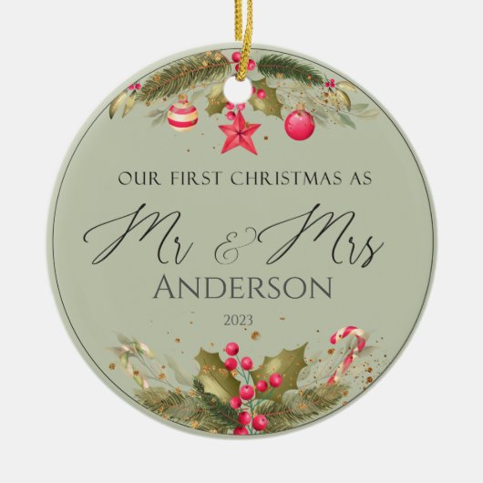 Our First Christmas Wedding Photo Mr Mrs Keramik Ornament (Vorne)