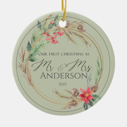 Our First Christmas Wedding Photo Mr Mrs Keramik Ornament (Vorne)