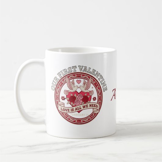Our First Valentine Love Birds Custom Initial Mug Kaffeetasse (Links)