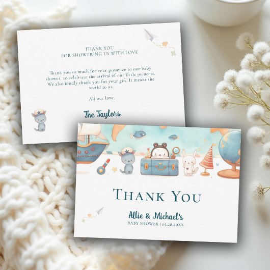 Our Greatest Adventure Vintage Blue Baby Shower Dankeskarte