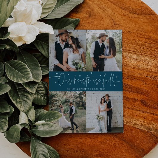 Our Hearts Are Full Wedding Photo Teal Dankeskarte