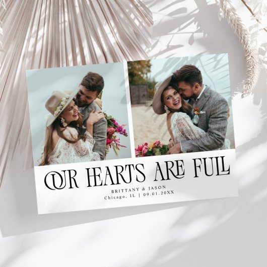 Our Hearts Are Full White Wedding Photo Dankeskarte