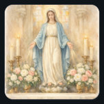 Our Lady of Grace Watercolor Altar Floral Catholic Quadratischer Aufkleber<br><div class="desc">This elegant sticker features a soft watercolor illustration of Our Lady of Grace standing upon a beautifully adorned church altar surrounded by delicate roses and glowing candles. The gentle Marian imagery and warm antique tones create a sacred and timeless atmosphere, perfect for Catholic wedding invitations, sacramental celebrations, holy cards, and...</div>