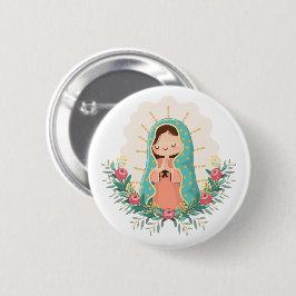 Our Lady of Guadalupe with flowers Kawaii Style Button