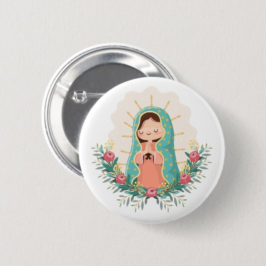 Our Lady of Guadalupe with flowers Kawaii Style Button (Vorne & Hinten)
